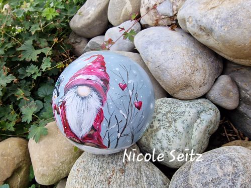 Terrakotta-Kugel * Wichtel * handbemalt * 12 cm * Schneemann Winter Schnee Herz